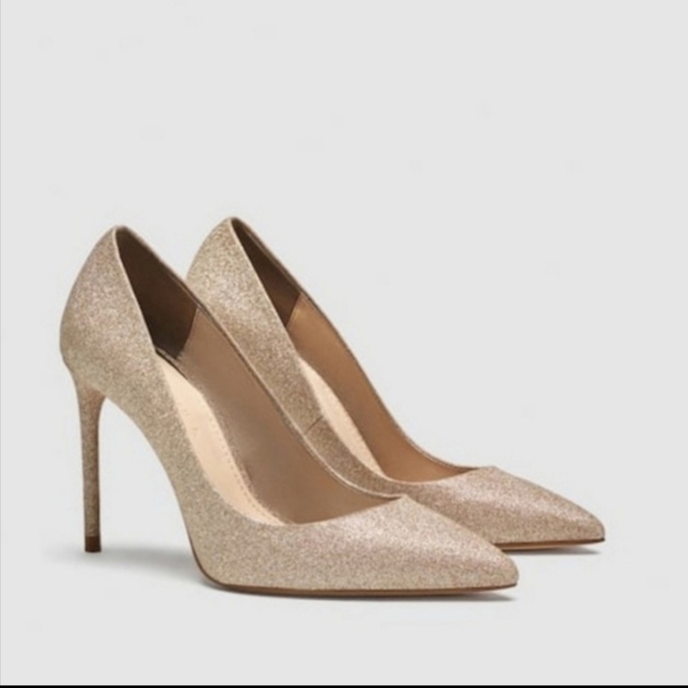Zara Woman Gold Shimmer Glitter Stiletto